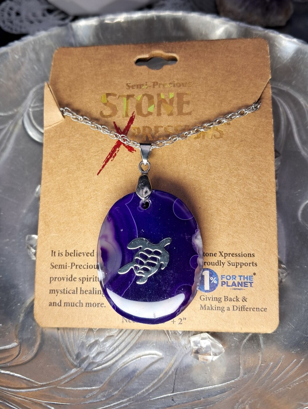 Stone Xpressions Purple Agate & Silvertone Turtle Necklace NWT